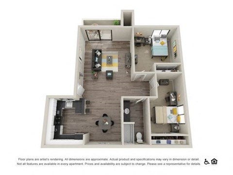 Floor plan for 2 beds, 1 bath, 848 sqft